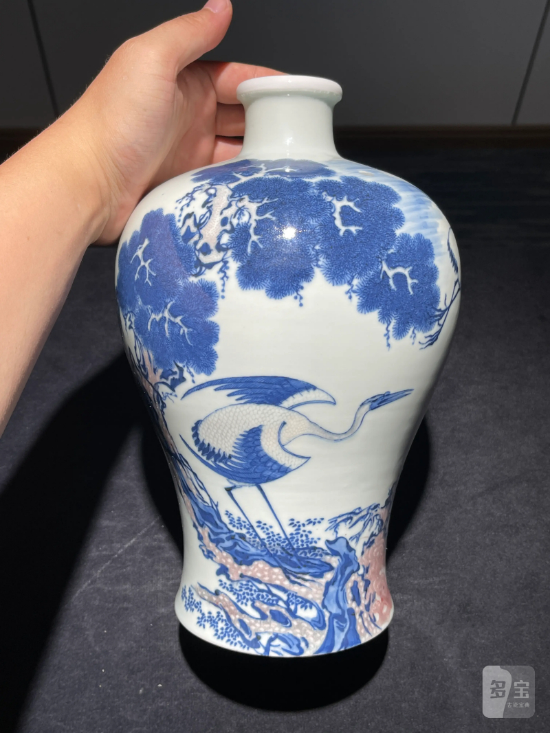民国 王步风格青花釉里红松鹤纹梅瓶 - 图2